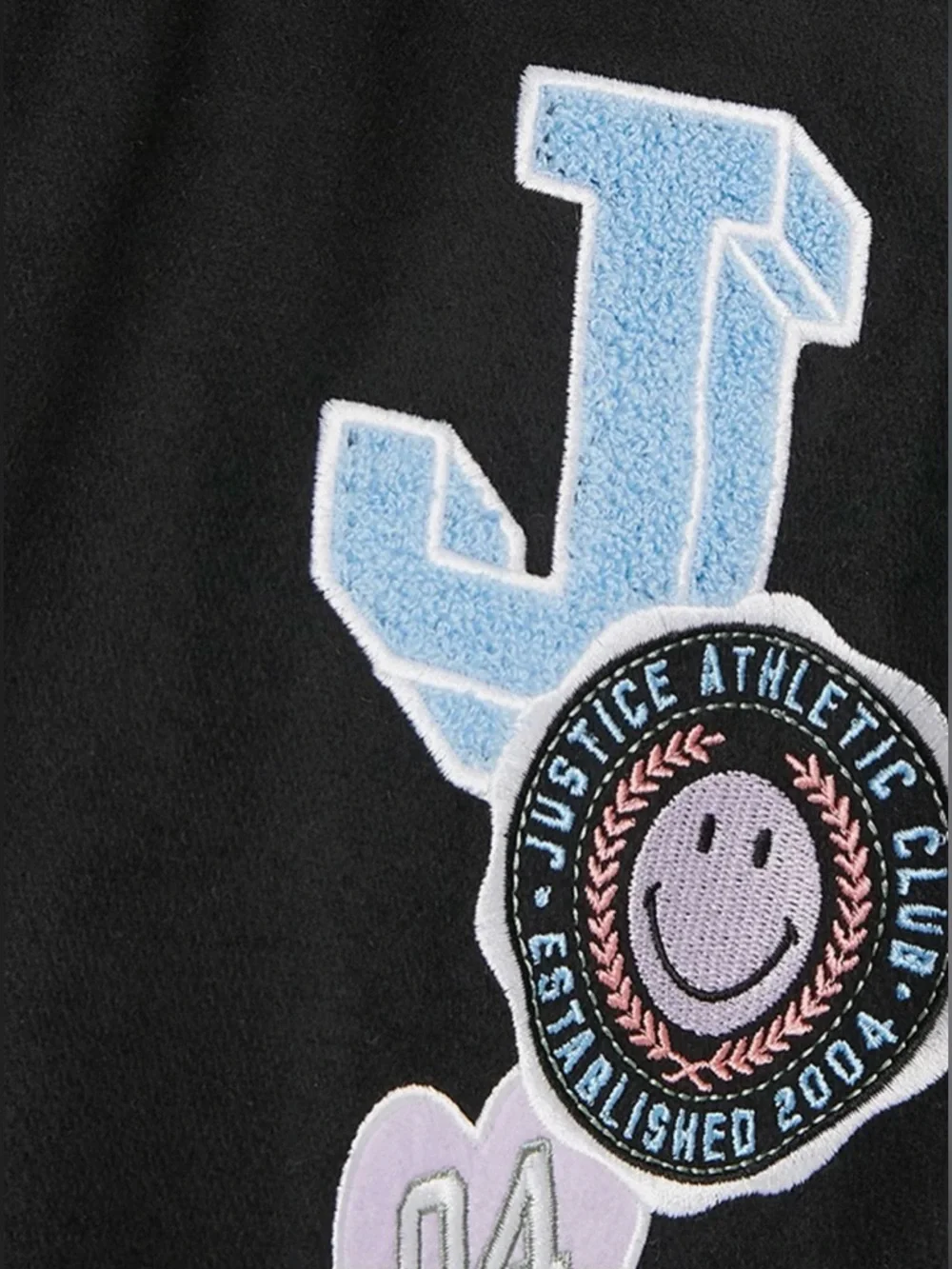 NWT - Justice Black and White Letterman Bomber Jacket with Patches